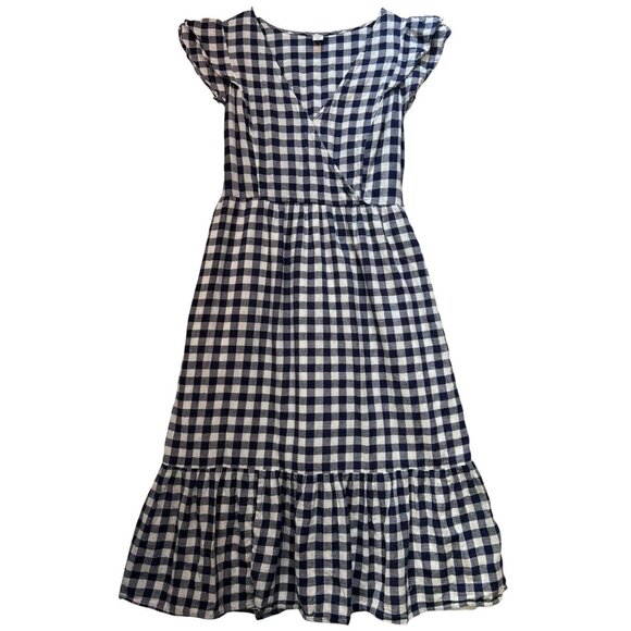 Old Navy Women's Wrap V Neck Midi Dress Flutter Sleeve Size M Blue White Gingham - Picture 1 of 13